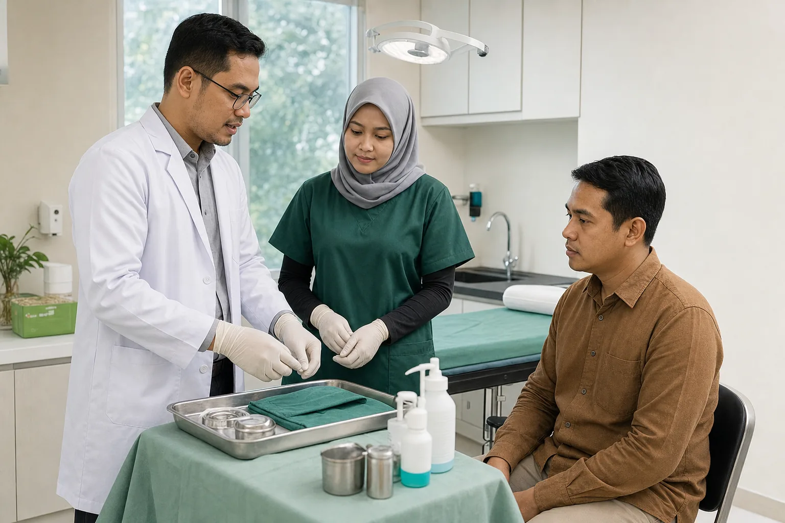 Dokter dan perawat menyiapkan perlengkapan bedah minor untuk pasien