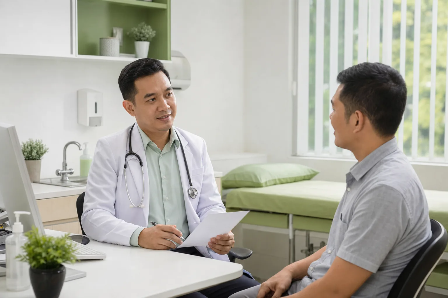 Dokter umum berkonsultasi dengan pasien di ruang pemeriksaan