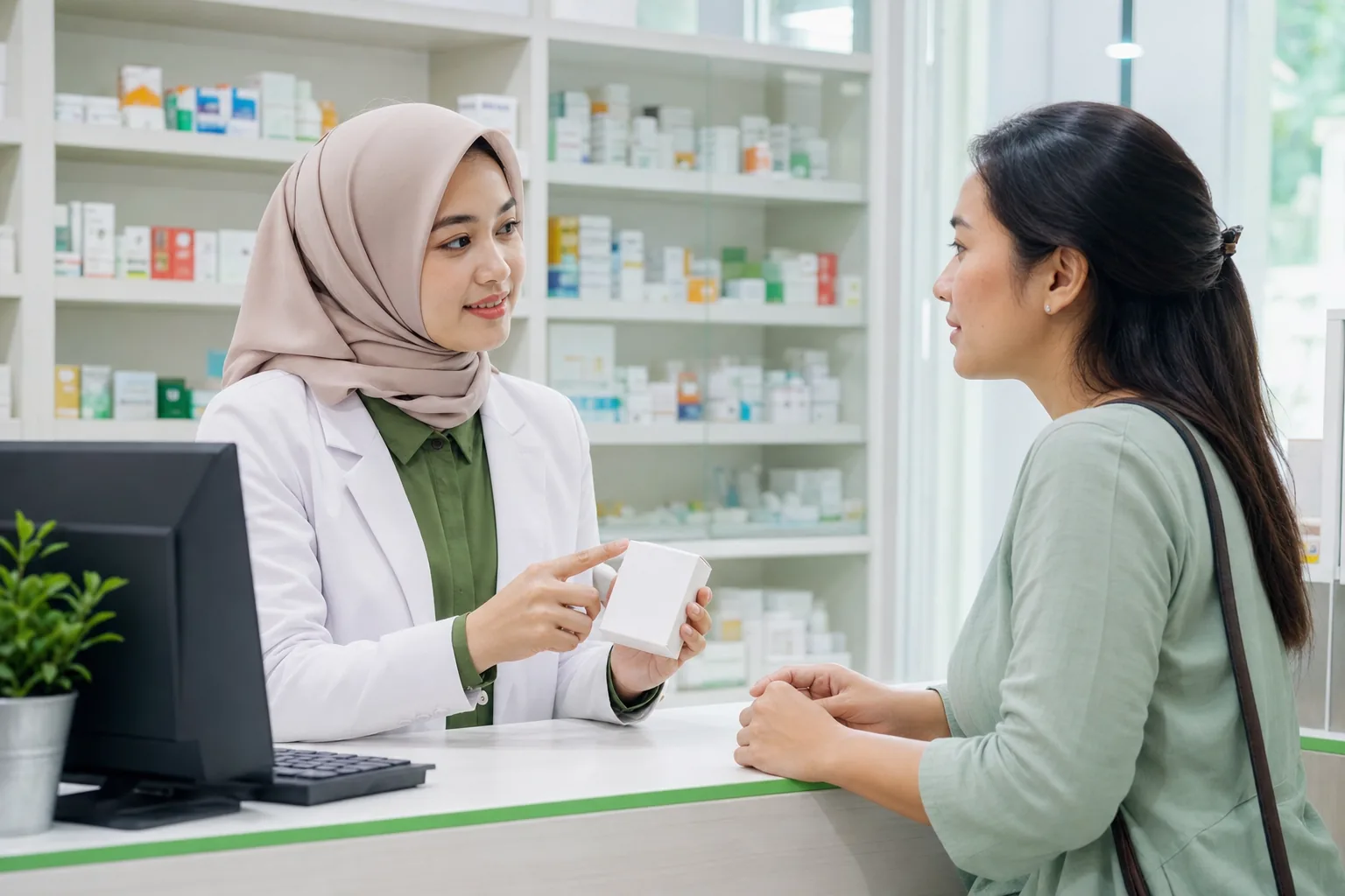 Petugas farmasi menjelaskan penggunaan obat kepada pasien
