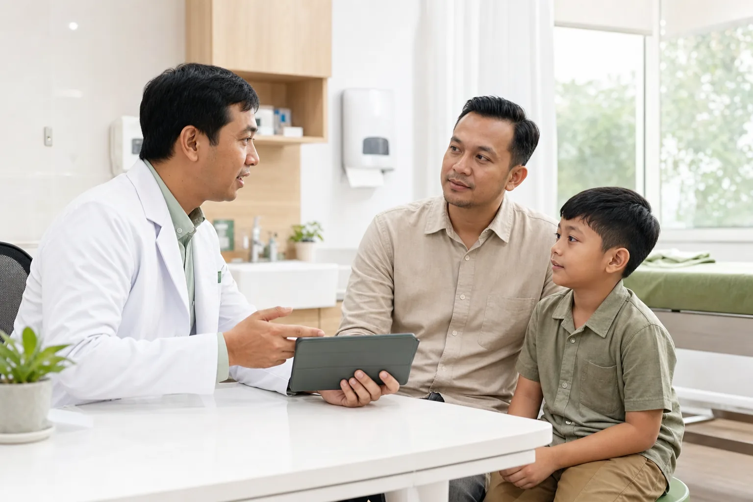 Dokter menjelaskan layanan khitan laser kepada orang tua dan anak