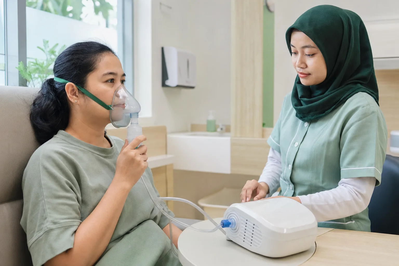 Pasien menggunakan nebulizer dengan pendampingan perawat