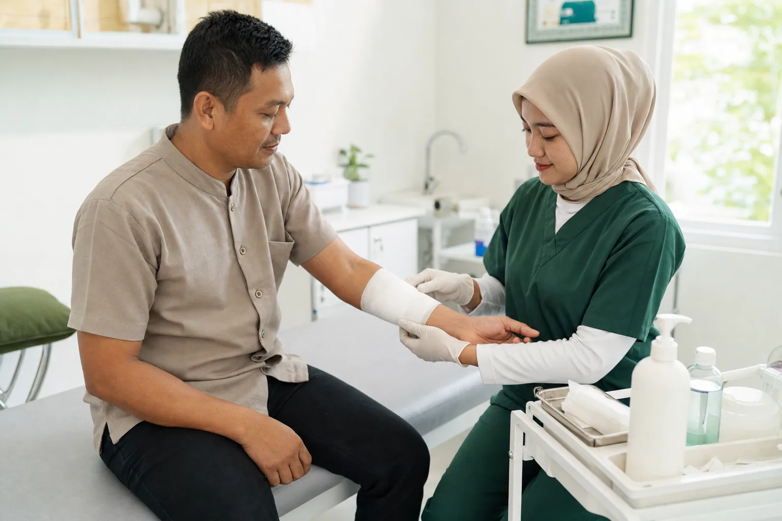 Perawat memasang balutan bersih pada lengan pasien