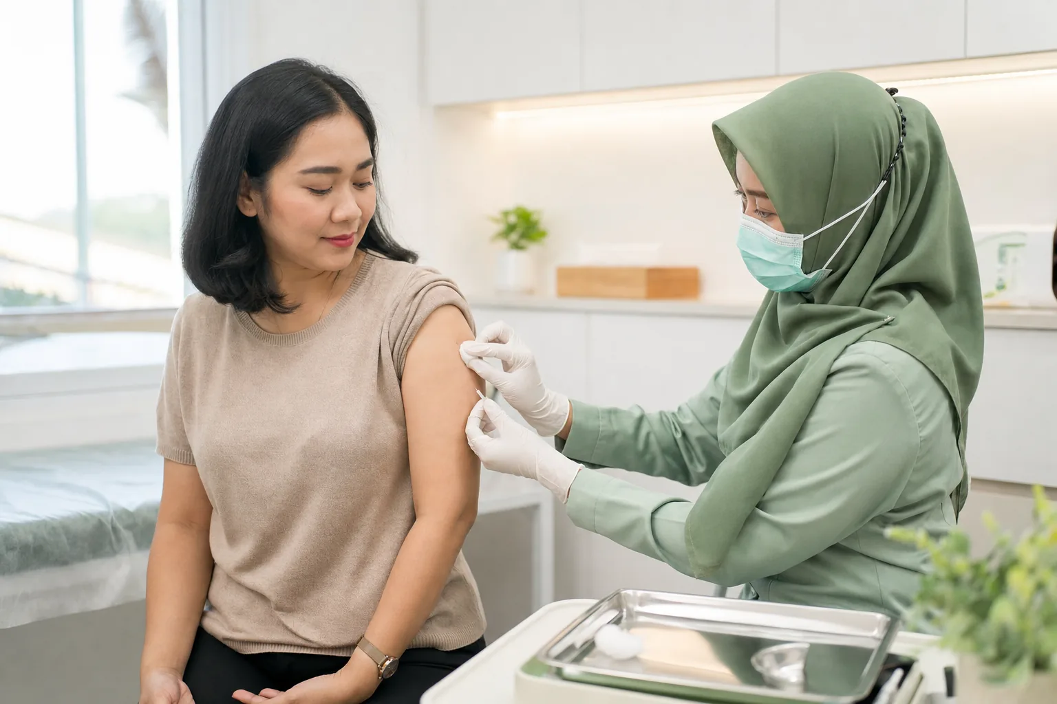Perawat memberikan vaksinasi kepada pasien dewasa